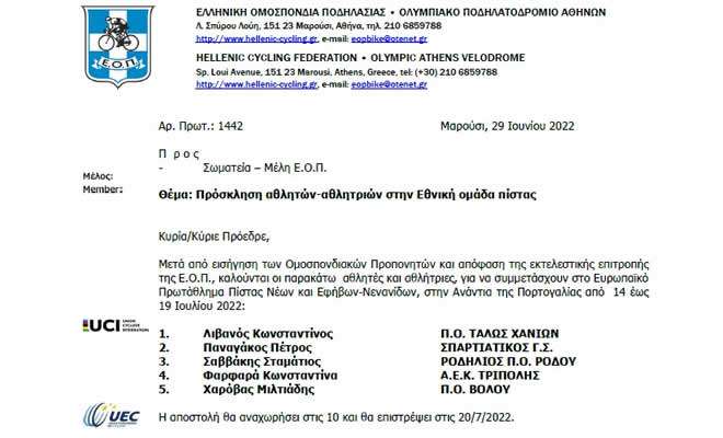Ελληνική Ομοσπονδία Ποδηλασίας: Πρόσκληση του Π. Παναγάκου στην Εθνική Ομάδα 